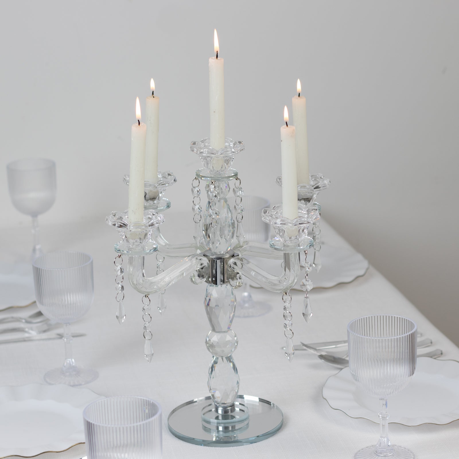 Crystal 5-Arm Candelabra Taper Candle Holder with Hanging Prisms & Round Mirror Base – Faceted Cut Glass Design - 14" Tall