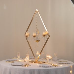 Gold Grand Table Centerpiece with Candle Holders, Diamond Frame 6-Arm Acrylic Candelabra Wedding Table Centerpiece - 45"